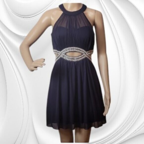 Speechless Blue Ruched Halter Mini Dress With Embellished Waist Fit & Flare Poly - Picture 2 of 14
